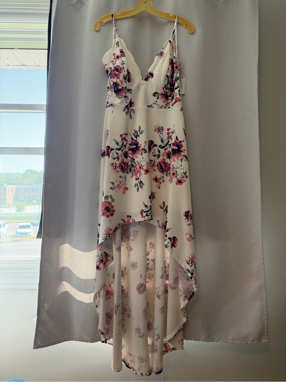 David's Bridal White High-Low Slip Dress with Pink Floral Print